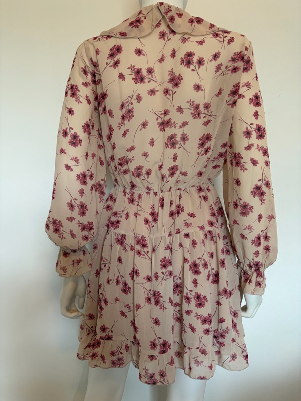 #664 Aakaa Blush Beige Floral Ruffle Tie-Neck Long Sleeve Dress - Picture 7 of 11